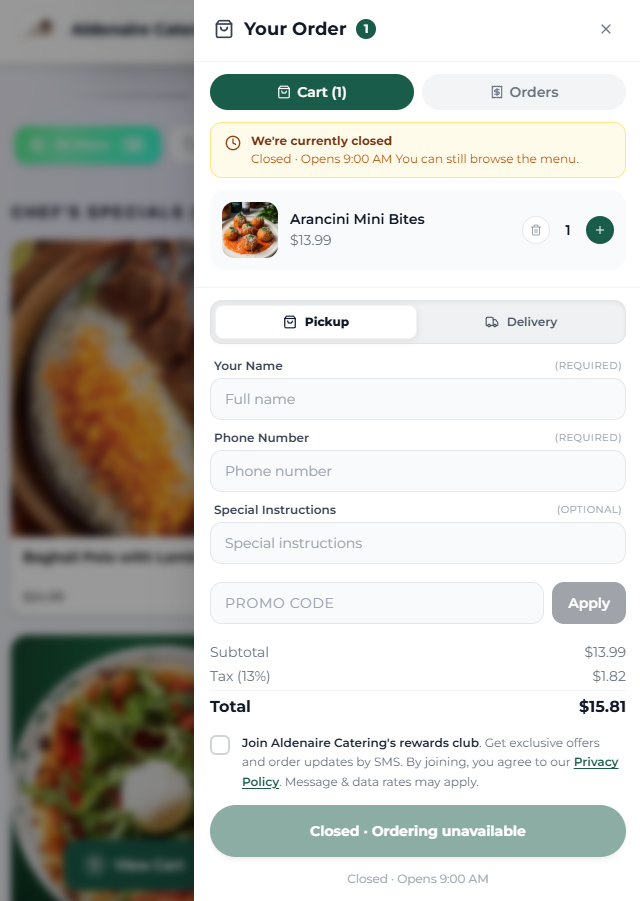 Dashi Online cart showing pickup, delivery, guest details, totals, and loyalty signup
