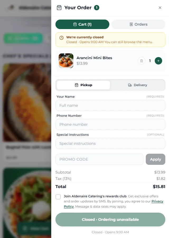 Dashi Online cart showing pickup, delivery, guest details, totals, and loyalty signup