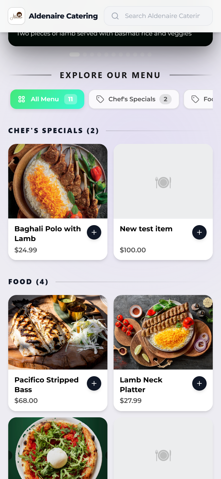 Dashi Online menu browsing screen with categories, food photography, prices, and add buttons