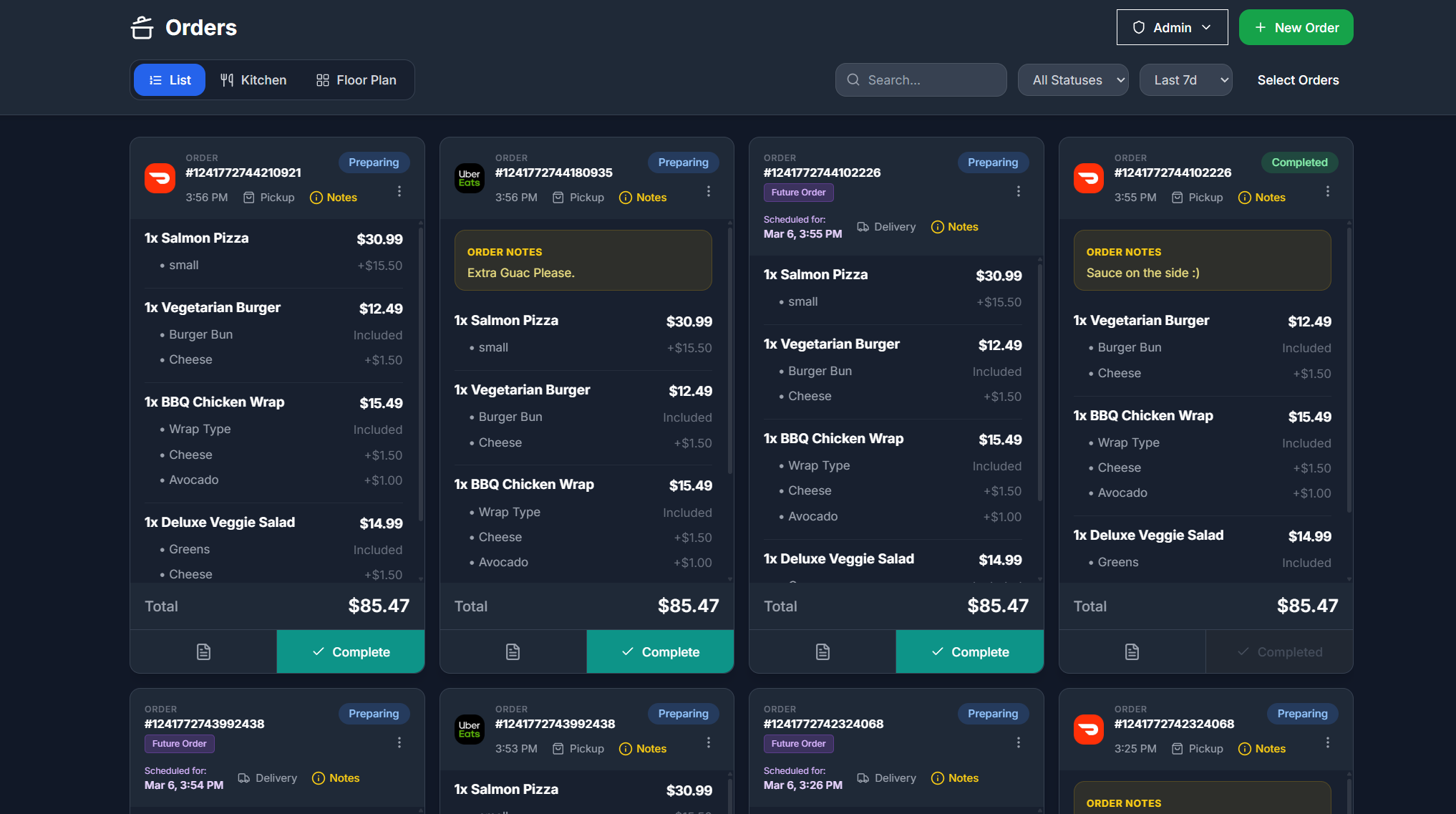 Dashi order queue showing direct, pickup, delivery, and marketplace orders together
