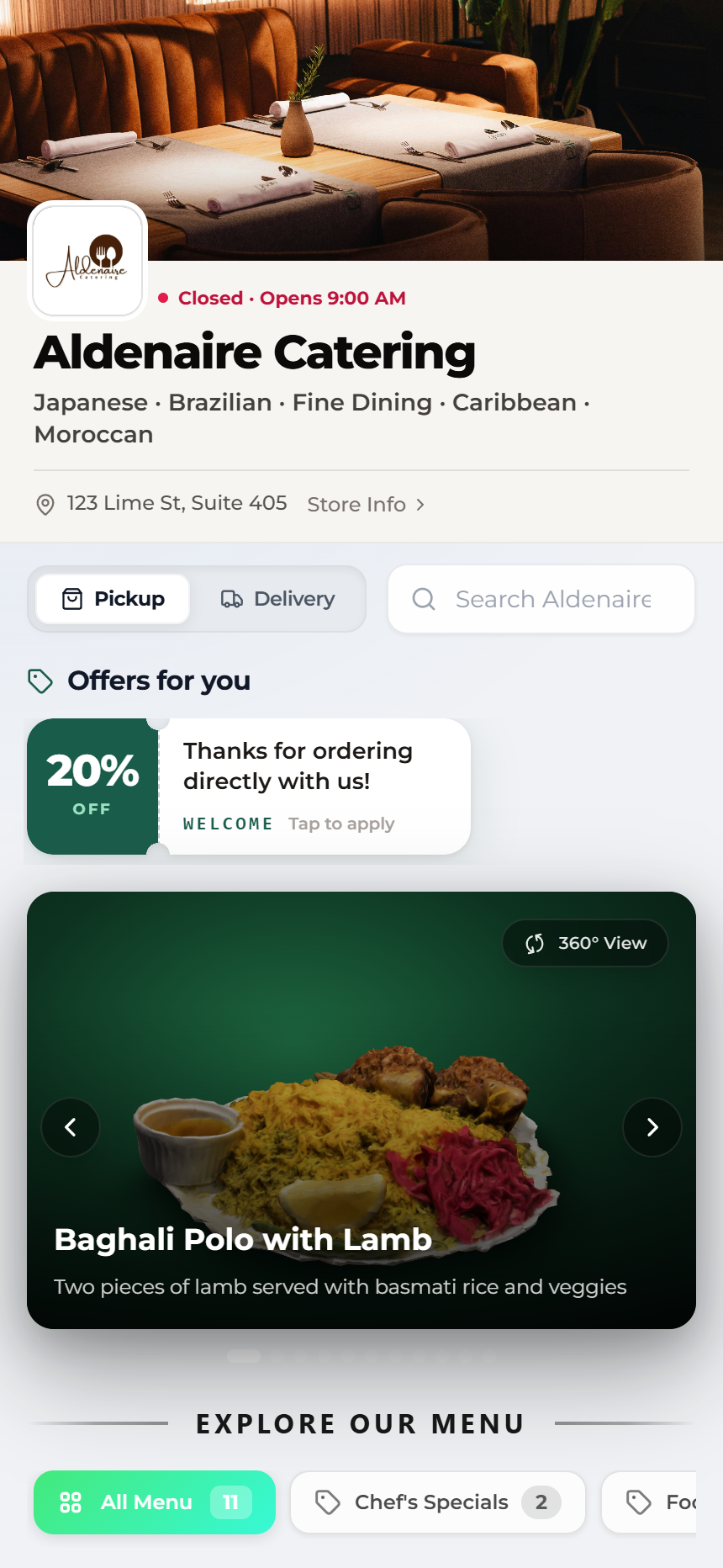 Dashi Online storefront with pickup, delivery, direct-order offer, and an interactive dish showcase