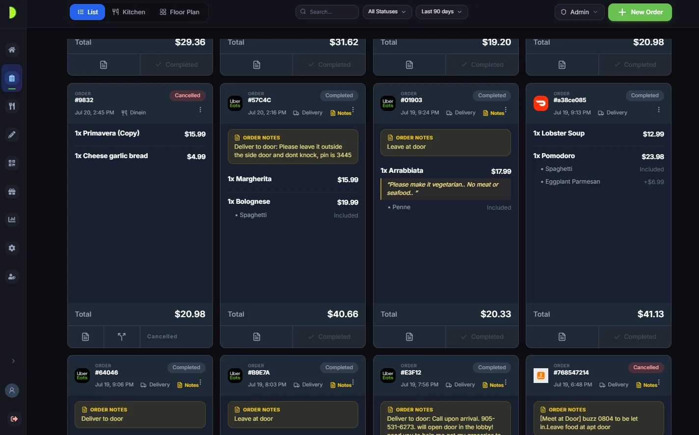 Dashi order board combining dine-in, Uber Eats, DoorDash, and direct online orders