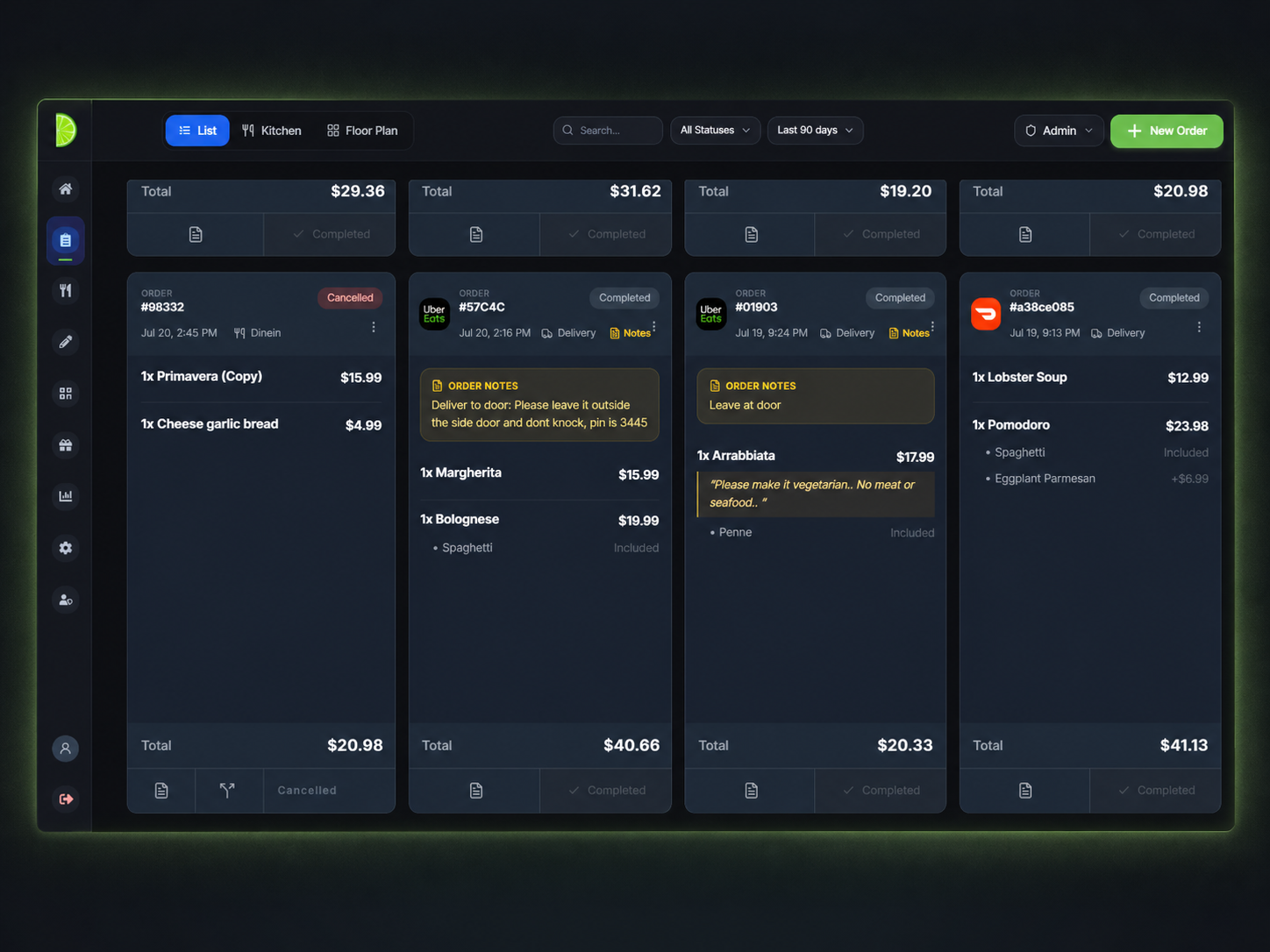 Dashi order board showing dine-in, direct, Uber Eats, and DoorDash orders together
