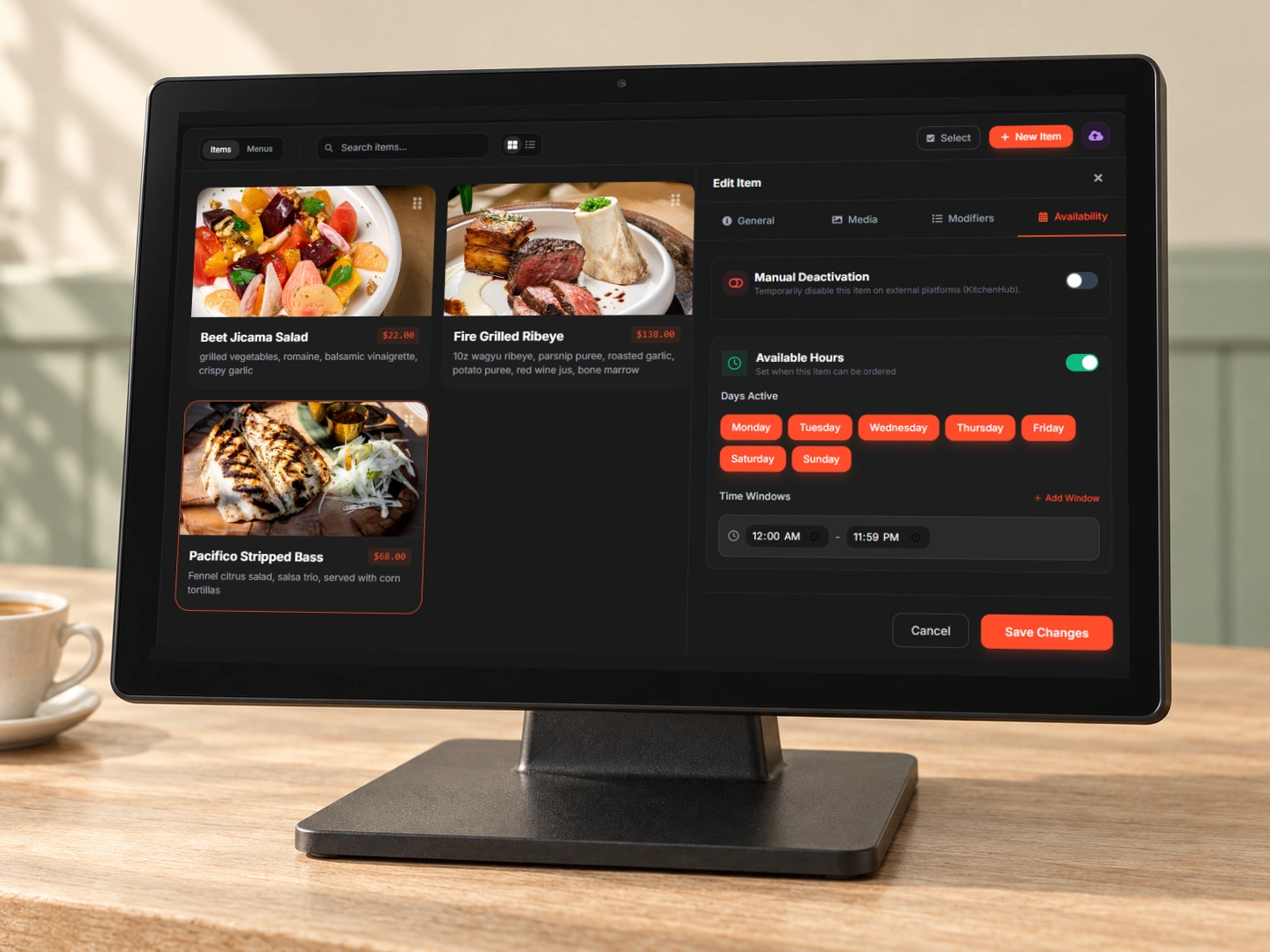 Dashi menu manager on a modern countertop terminal, showing menu items and availability settings