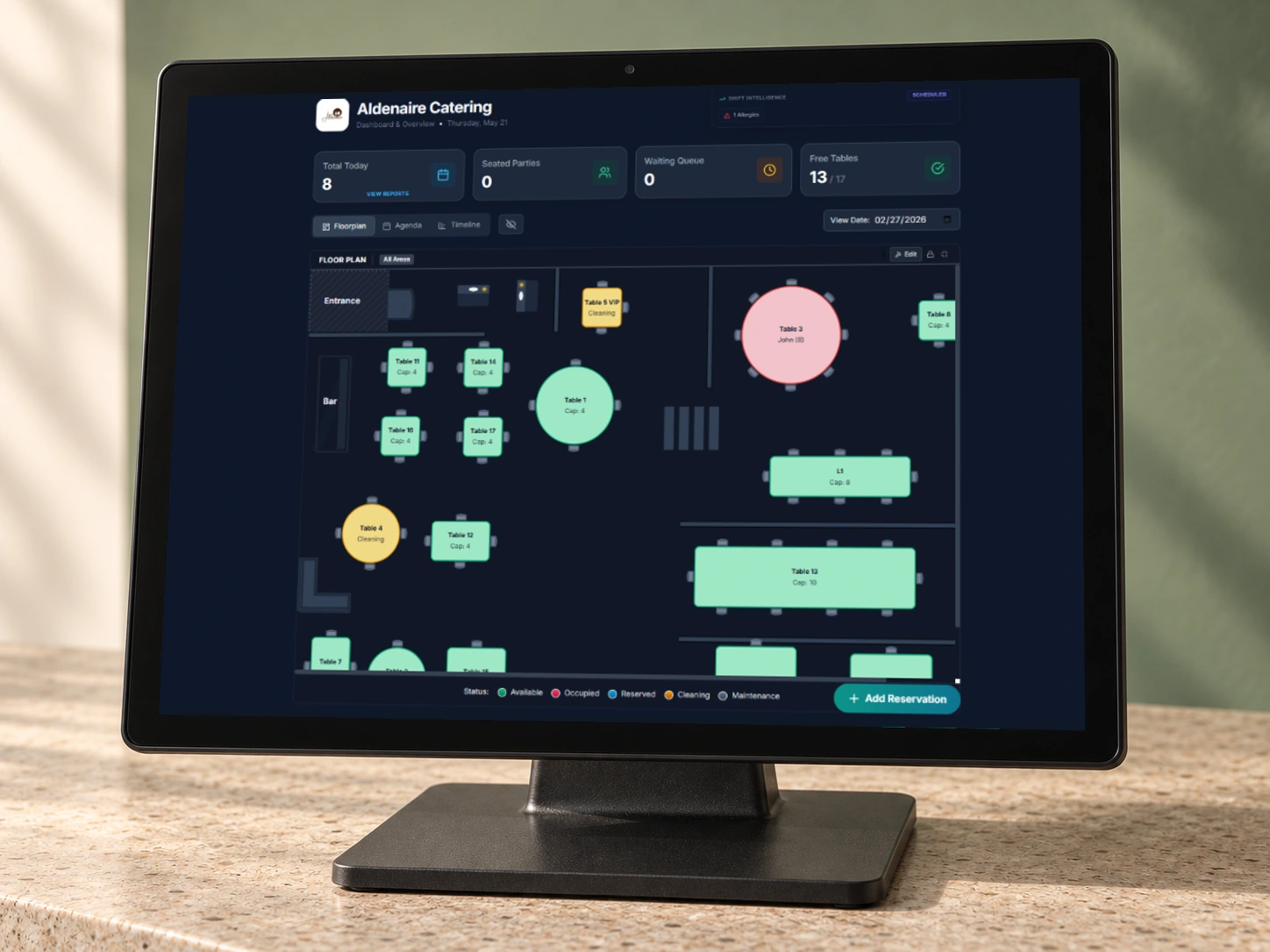 Dashi floor plan and table statuses displayed on a modern countertop POS terminal